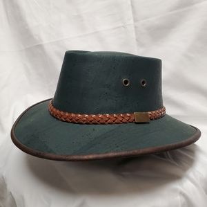 Artelusa full brim cork hat. Green in color with brown trim and braided band